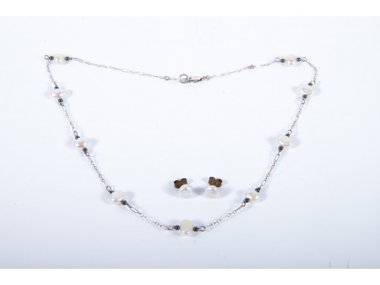 Sterling Silver Cultured Keshi Pearl Necklace And 14k Stud Earrings