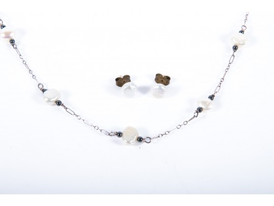 Sterling Silver Cultured Keshi Pearl Necklace And 14k Stud Earrings