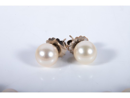 Large Warm-White Cultured Pearl Necklace With 14k Stud Earrings