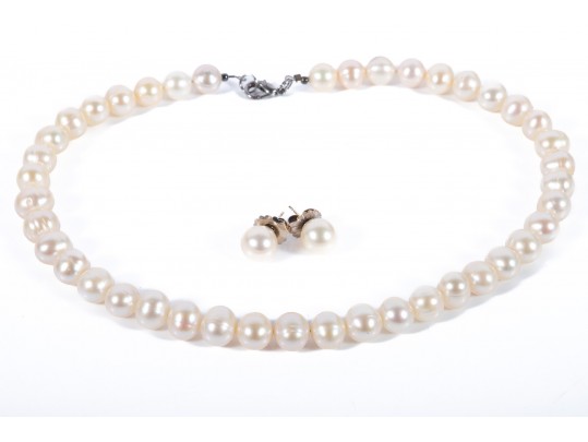 Large Warm-White Cultured Pearl Necklace With 14k Stud Earrings