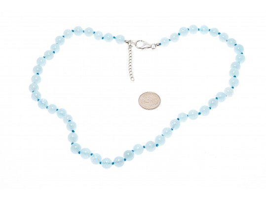 Sterling Silver Pretty 8.5 Mm Pale Blue Opaque Aquamarine Bead Necklace