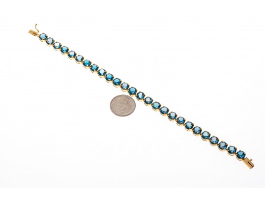 14k Yellow Gold Beautiful Oval London Blue Topaz Line Bracelet, App. 20.8 TCW