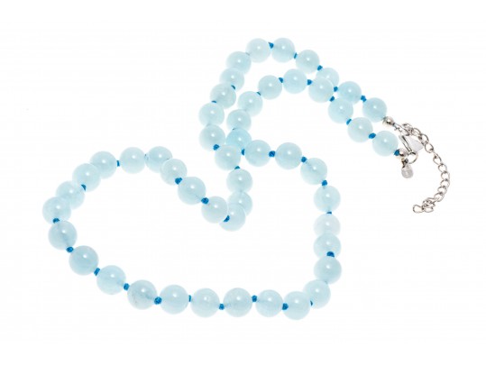 Sterling Silver Pretty 8.5 Mm Pale Blue Opaque Aquamarine Bead Necklace