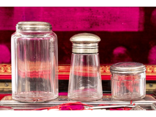 Antique Travel Toiletries Box, With Glass And Silver Plate Tops, Jewelry Box Drawer Bottom