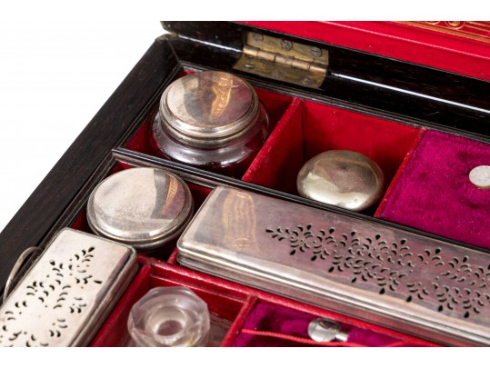 Antique Travel Toiletries Box, With Glass And Silver Plate Tops, Jewelry Box Drawer Bottom