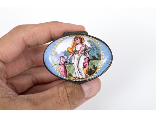 Antique Blue Purple Enamel Battersea Box With A Mother And Child Scene