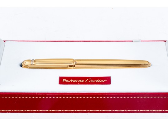 Cartier Iconic Ribbed Pasha Gold Tone Ballpoint Pen, With Box And Papers