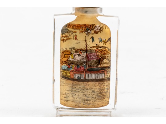 Set Of Four Scenic Reverse Painted Glass Bottles, Boxed, By Riverscene