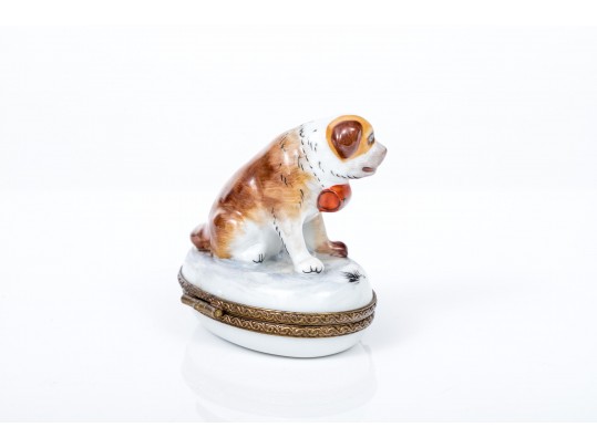 Vintage Adorable Figural St. Bernard Dog Form, Peint Main Limoge, France Box