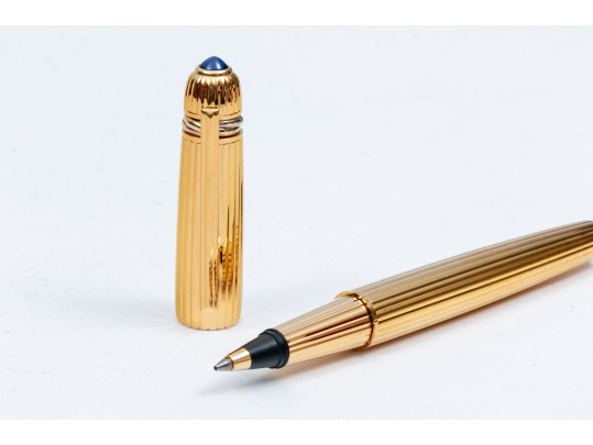 Cartier Iconic Ribbed Pasha Gold Tone Ballpoint Pen, With Box And Papers