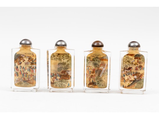 Set Of Four Scenic Reverse Painted Glass Bottles, Boxed, By Riverscene