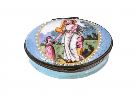 Antique Blue Purple Enamel Battersea Box With A Mother And Child Scene