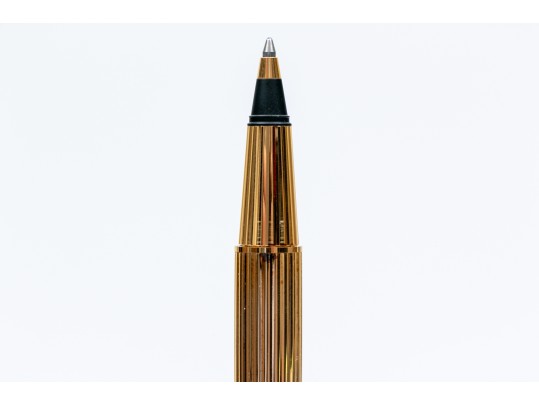 Cartier Iconic Ribbed Pasha Gold Tone Ballpoint Pen, With Box And Papers