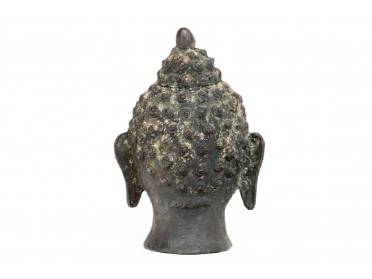 An Antique Small Bronze Dark Patinated Head Of Buddha, With Headdress