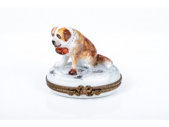 Vintage Adorable Figural St. Bernard Dog Form, Peint Main Limoge, France Box