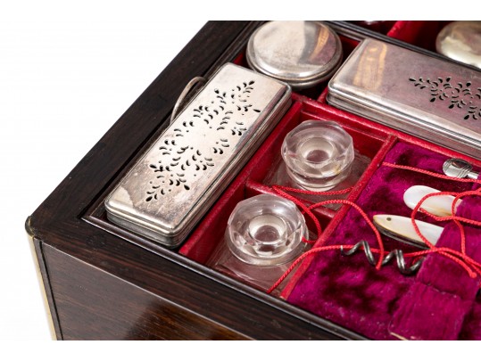 Antique Travel Toiletries Box, With Glass And Silver Plate Tops, Jewelry Box Drawer Bottom