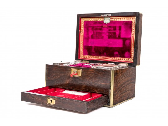 Antique Travel Toiletries Box, With Glass And Silver Plate Tops, Jewelry Box Drawer Bottom