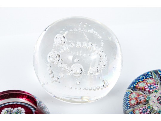 Group Of Three Paperweights And Five Marbles