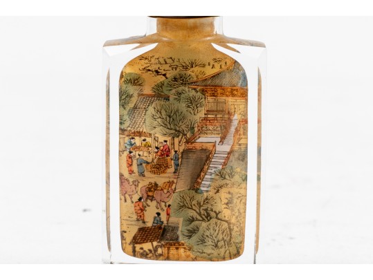 Set Of Four Scenic Reverse Painted Glass Bottles, Boxed, By Riverscene