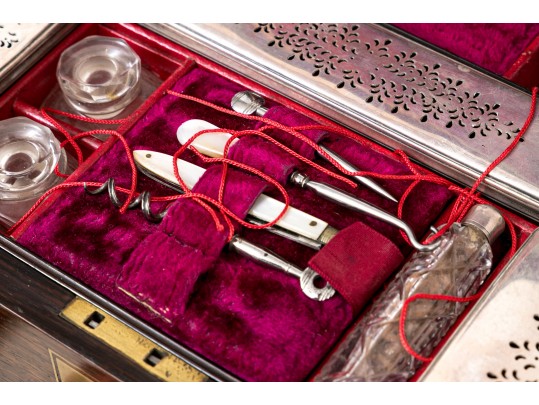 Antique Travel Toiletries Box, With Glass And Silver Plate Tops, Jewelry Box Drawer Bottom