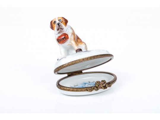 Vintage Adorable Figural St. Bernard Dog Form, Peint Main Limoge, France Box