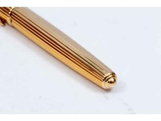 Cartier Iconic Ribbed Pasha Gold Tone Ballpoint Pen, With Box And Papers