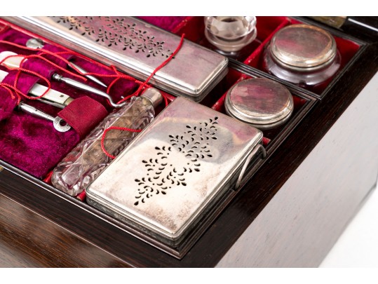 Antique Travel Toiletries Box, With Glass And Silver Plate Tops, Jewelry Box Drawer Bottom