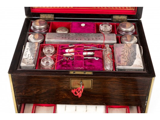 Antique Travel Toiletries Box, With Glass And Silver Plate Tops, Jewelry Box Drawer Bottom