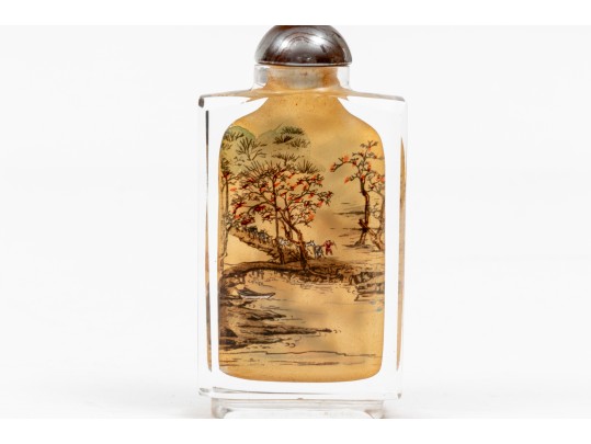 Set Of Four Scenic Reverse Painted Glass Bottles, Boxed, By Riverscene