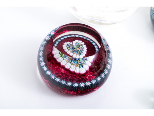Group Of Three Paperweights And Five Marbles