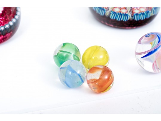 Group Of Three Paperweights And Five Marbles
