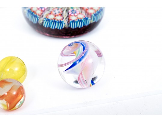 Group Of Three Paperweights And Five Marbles
