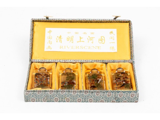 Set Of Four Scenic Reverse Painted Glass Bottles, Boxed, By Riverscene