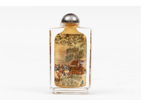 Set Of Four Scenic Reverse Painted Glass Bottles, Boxed, By Riverscene