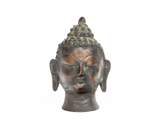 An Antique Small Bronze Dark Patinated Head Of Buddha, With Headdress