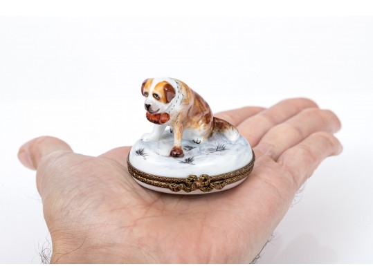 Vintage Adorable Figural St. Bernard Dog Form, Peint Main Limoge, France Box