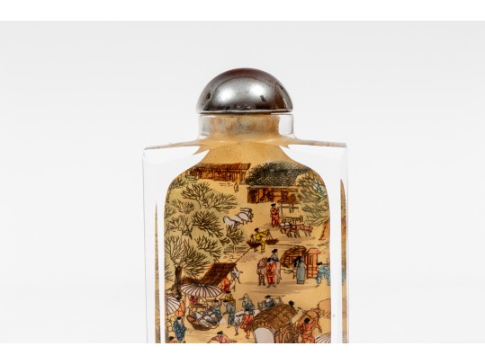 Set Of Four Scenic Reverse Painted Glass Bottles, Boxed, By Riverscene