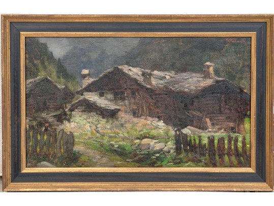 Antique Oil On Board, Norwegian Mountain House Landscape