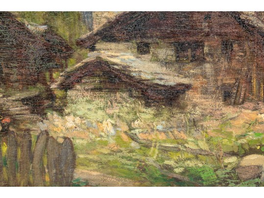 Antique Oil On Board, Norwegian Mountain House Landscape