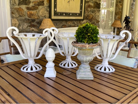 Decorative Collection Of Iron Openwork Vases With Faux Topiary