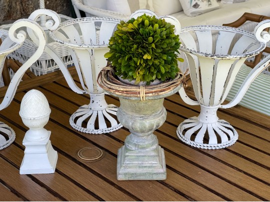 Decorative Collection Of Iron Openwork Vases With Faux Topiary