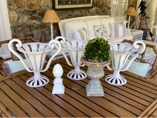 Decorative Collection Of Iron Openwork Vases With Faux Topiary