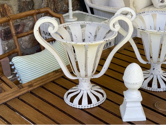 Decorative Collection Of Iron Openwork Vases With Faux Topiary