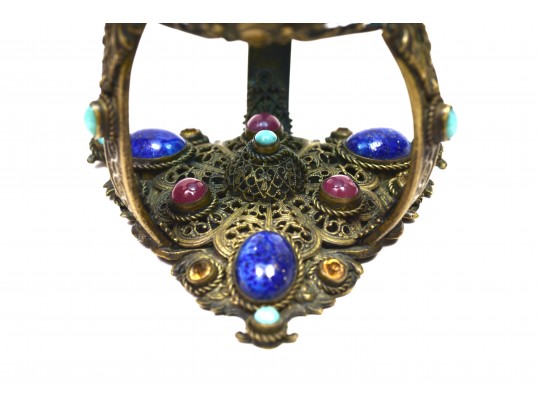 Czech Jeweled Brass Filigree Jeweled Glass Intaglio Open Salt Cellar