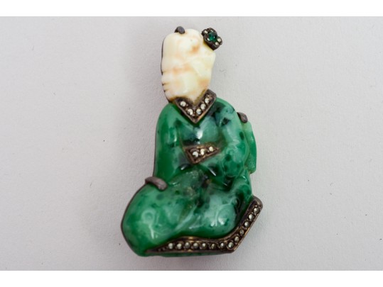 Sterling Silver Marcasite Jade Buddha And Geisha Brooches