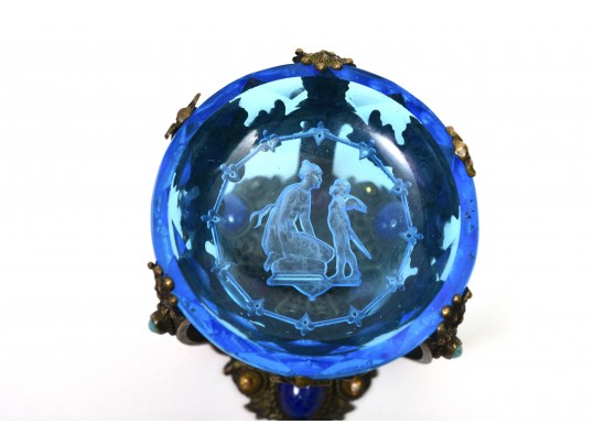 Czech Jeweled Brass Filigree Jeweled Glass Intaglio Open Salt Cellar