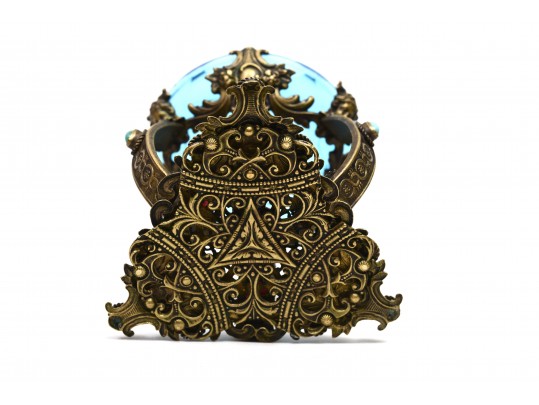 Czech Jeweled Brass Filigree Jeweled Glass Intaglio Open Salt Cellar