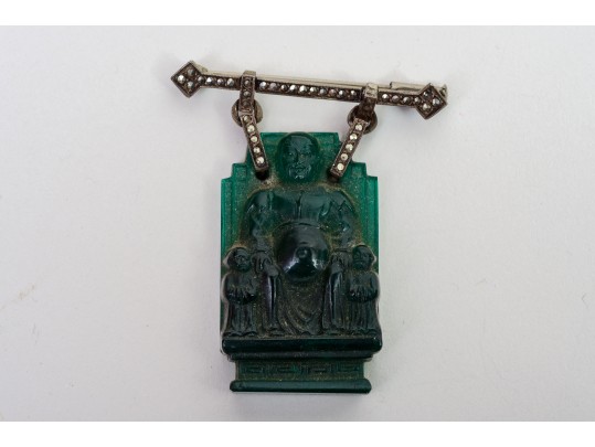 Sterling Silver Marcasite Jade Buddha And Geisha Brooches