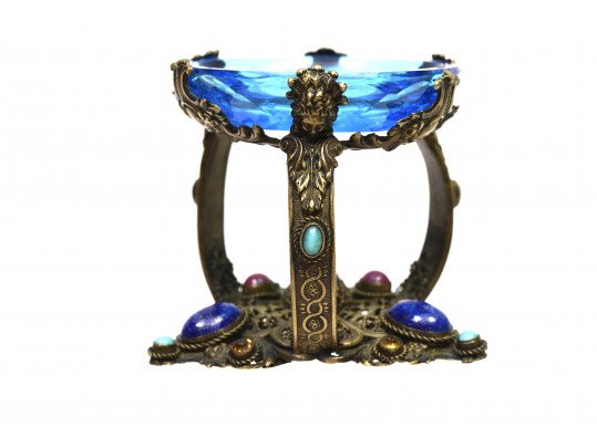 Czech Jeweled Brass Filigree Jeweled Glass Intaglio Open Salt Cellar