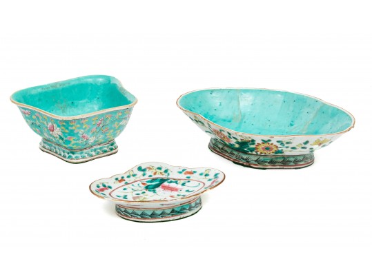 Collection Of 3 Chinese Famille Rose Porcelain Footed Dish & Bowls